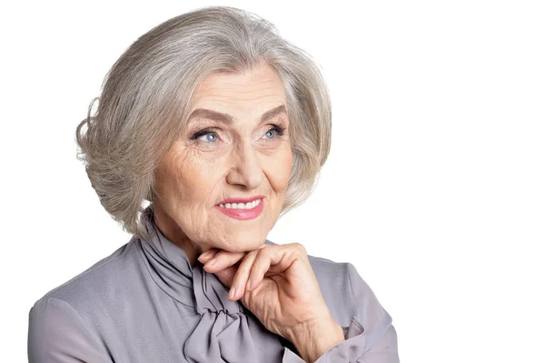 Mooie Senior Vrouw Poseren Geïsoleerd Witte Achtergrond — Stockfoto
