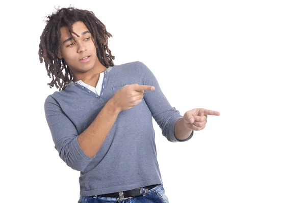 Handsome Young Man Pointing White Background — Stock Photo, Image