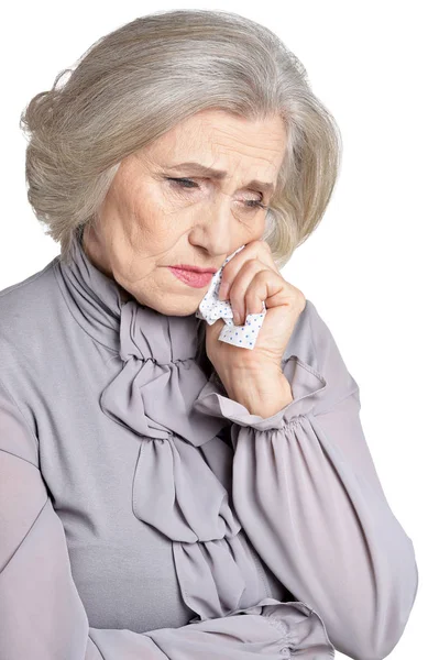 Mulher Sênior Triste Com Lenço Isolado Fundo Branco — Fotografia de Stock