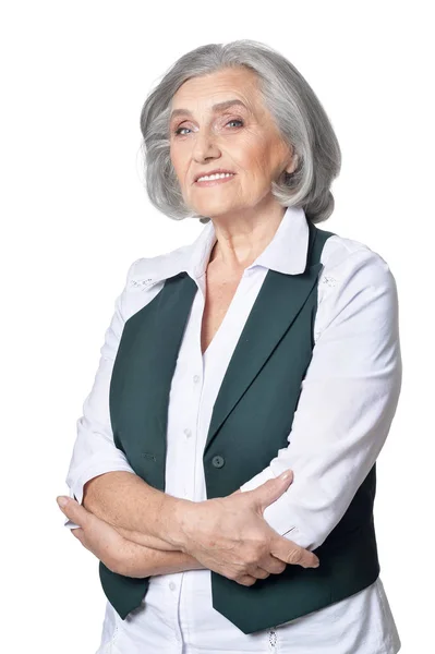 Portret Van Mooie Senior Vrouw Poseren Geïsoleerd Witte Achtergrond — Stockfoto