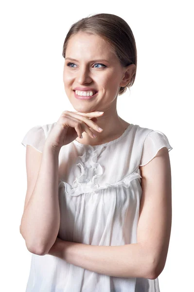 Retrato Una Hermosa Mujer Posando Aislada Sobre Blanco — Foto de Stock