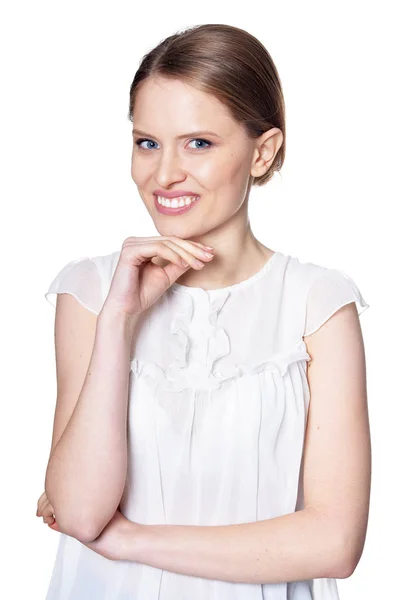 Portret Van Mooie Vrouw Poseren Geïsoleerd Wit — Stockfoto