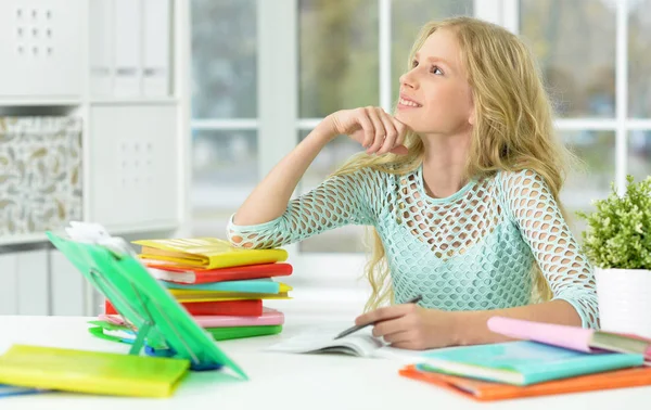 Cute Schoolgirl Studying Home Education — Stock Photo, Image