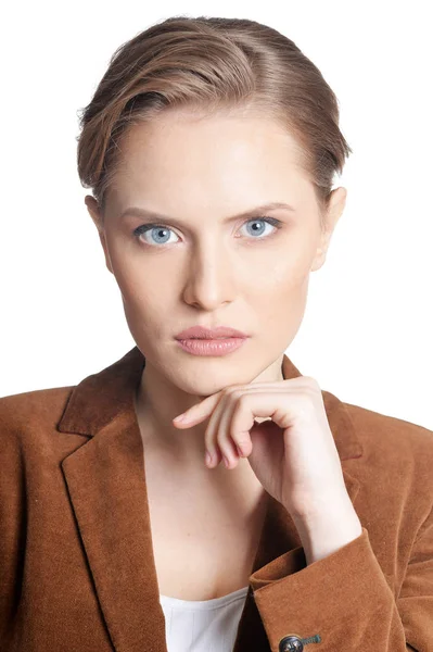 Retrato Hermosa Mujer Negocios Posando Aislada Sobre Blanco — Foto de Stock