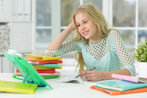 Cute Schoolgirl Studying Home Education — Stock Photo, Image