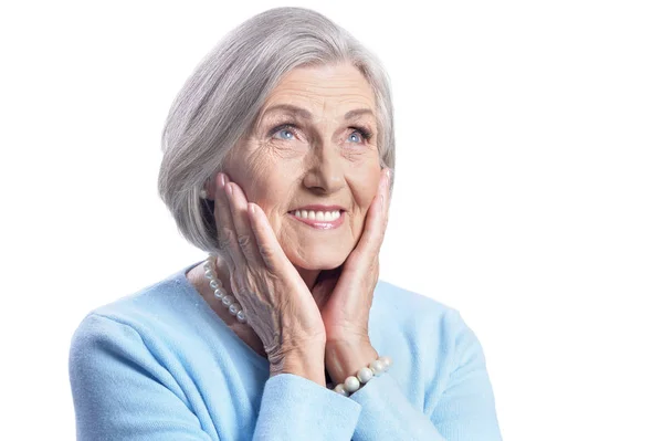 Retrato Una Hermosa Mujer Mayor Posando Aislada Sobre Fondo Blanco —  Fotos de Stock