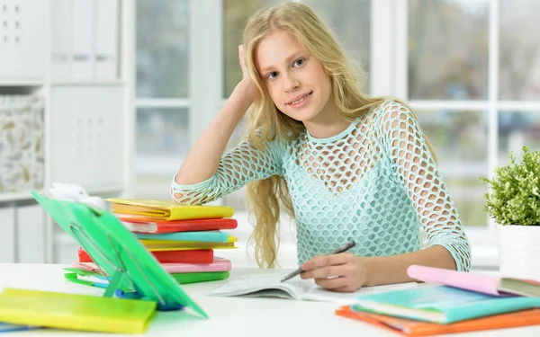 Cute Happy Schoolgirl Studying Home Education — Stock Photo, Image