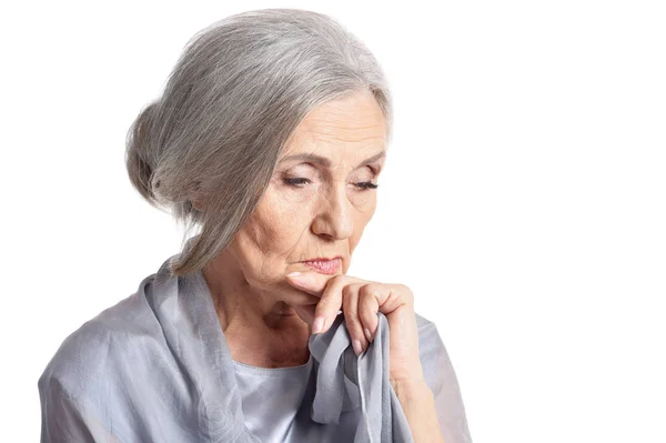 Triest Senior Vrouw Geïsoleerd Witte Achtergrond — Stockfoto