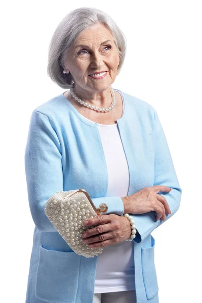 Retrato Bela Mulher Sênior Posando Com Bolsa Isolada Fundo Branco — Fotografia de Stock