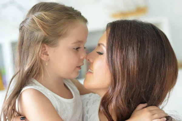 Close Portrait Charming Little Girl Hugging Mom Home — Stock Photo, Image