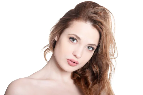 Bliska Portret Pięknej Młodej Kobiety Doskonałej Skóry Białym Tle — Zdjęcie stockowe
