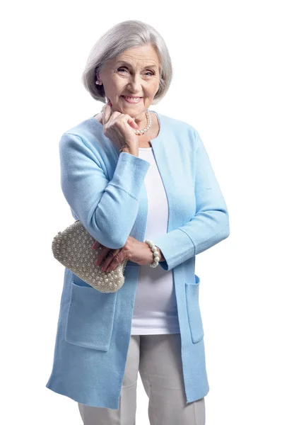 Mooie Senior Vrouw Poseren Geïsoleerd Witte Achtergrond — Stockfoto