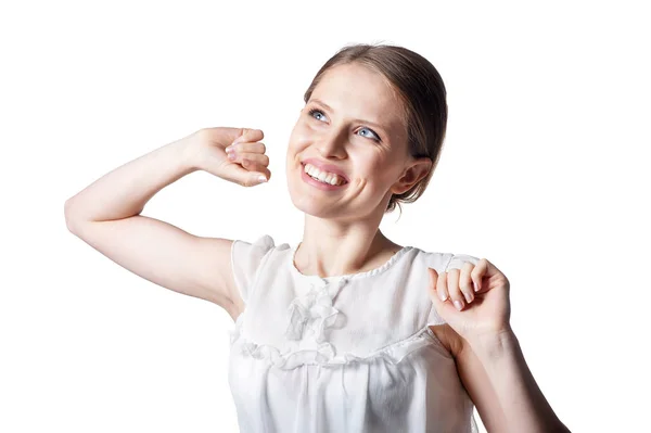 Retrato Una Hermosa Mujer Posando Aislada Sobre Blanco —  Fotos de Stock