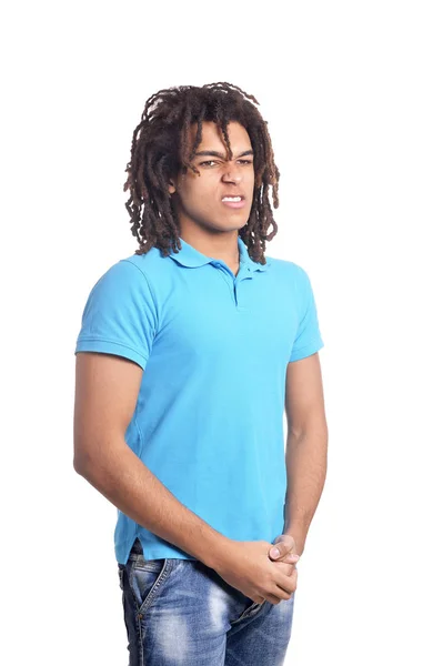 Portrait Angry Teenage Boy Blue Shirt Posing Isolated White Background — Stock Photo, Image