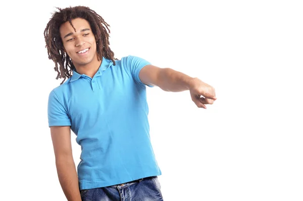 Portret Van Tiener Blauw Shirt Wijzen Geïsoleerd Witte Achtergrond — Stockfoto