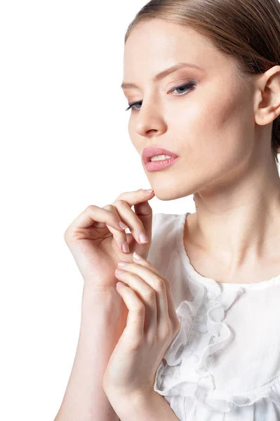 Retrato Una Hermosa Mujer Posando Aislada Sobre Blanco — Foto de Stock