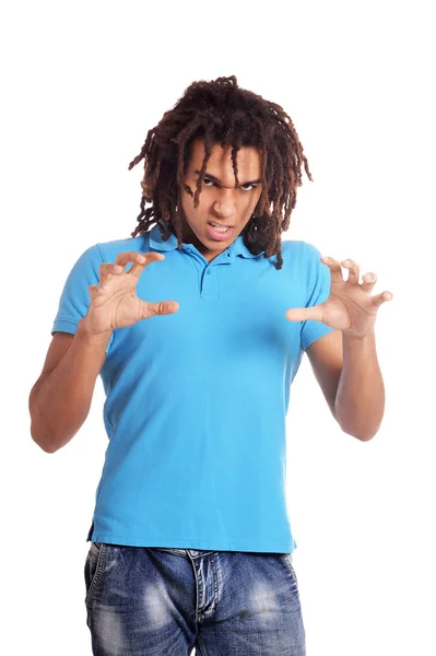 Portrait Angry Teenage Boy Blue Shirt Posing Isolated White Background Stock Image