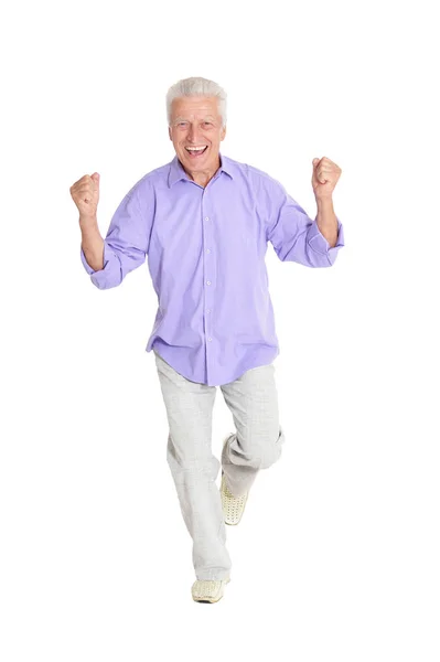 Портрет Счастливого Пожилого Человека Позирующего Белом Фоне — стоковое фото