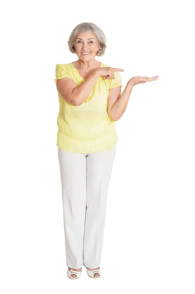 Senior Woman Showing Something Isolated White Background — Stock Photo, Image