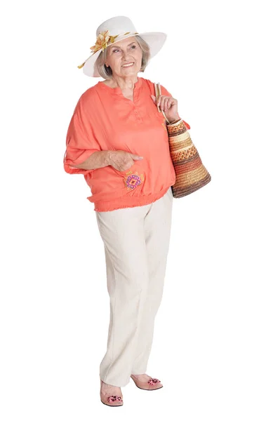 Mooie Senior Vrouw Hoed Geïsoleerd Witte Achtergrond — Stockfoto