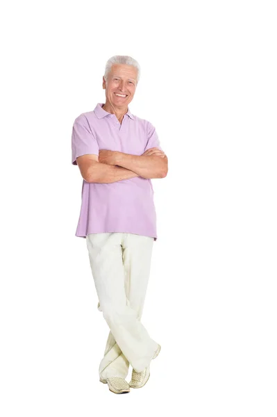 Retrato Hombre Mayor Feliz Posando Aislado Sobre Fondo Blanco —  Fotos de Stock