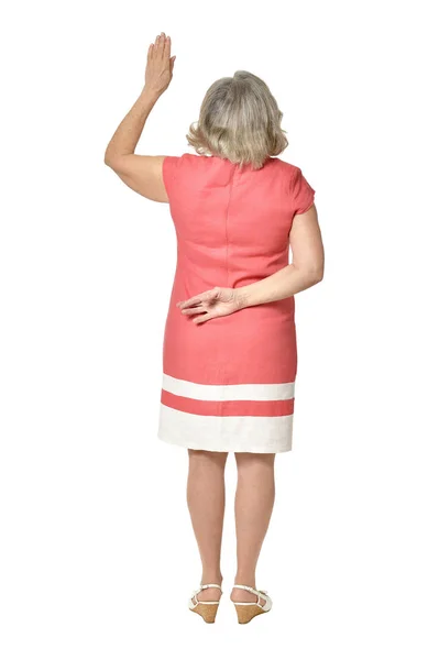 Senior Woman Waving Hand Isolated White Background — Stock Photo, Image