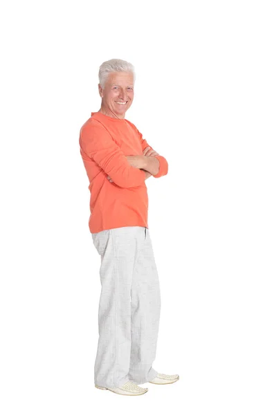 Porträt Eines Lächelnden Älteren Mannes Isoliert Auf Weißem Hintergrund — Stockfoto