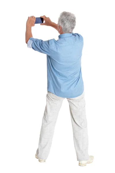Senior Man Taking Selfie Isolated White Background — Stock Photo, Image