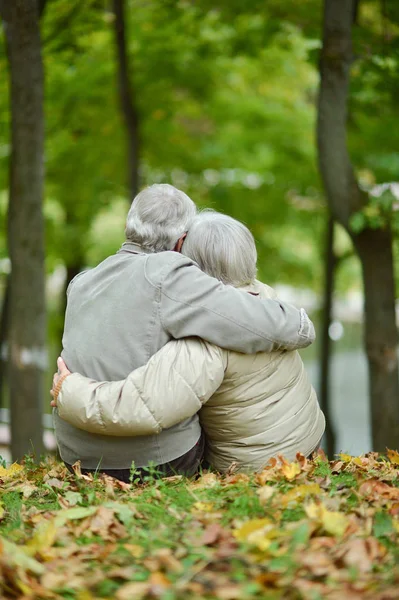 Gelukkige Senior Paar Knuffelen Herfst Park — Stockfoto