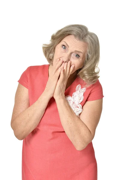 Bella Donna Anziana Con Mani Sul Viso Isolato Sfondo Bianco — Foto Stock