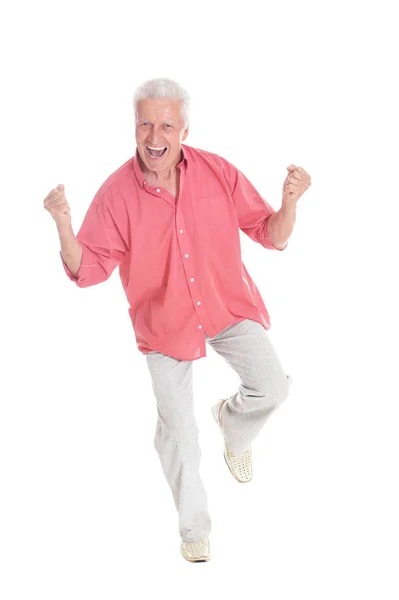 Retrato Feliz Homem Sênior Posando Isolado Fundo Branco — Fotografia de Stock