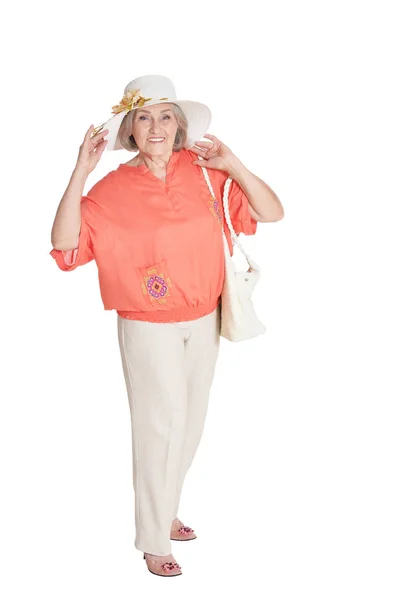 Belle Femme Âgée Chapeau Isolé Sur Fond Blanc — Photo