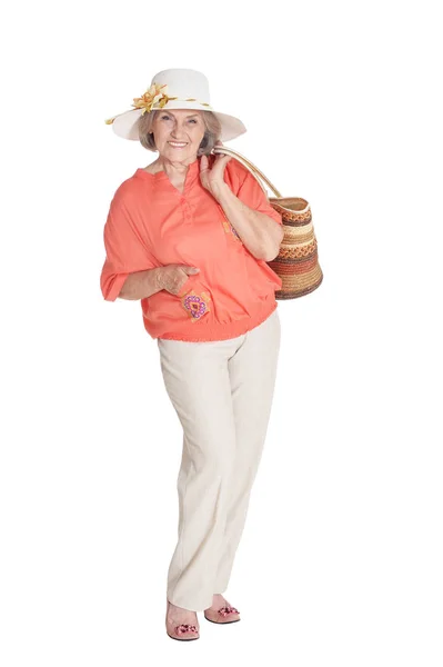 Krásná Starší Žena Klobouku Izolovaných Bílém Pozadí — Stock fotografie