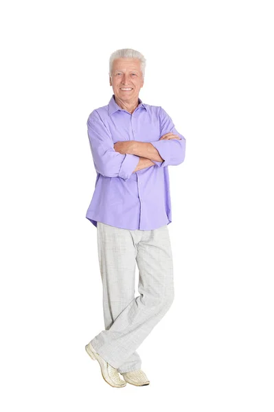 Portret Van Gelukkig Senior Man Poseren Geïsoleerd Witte Achtergrond — Stockfoto