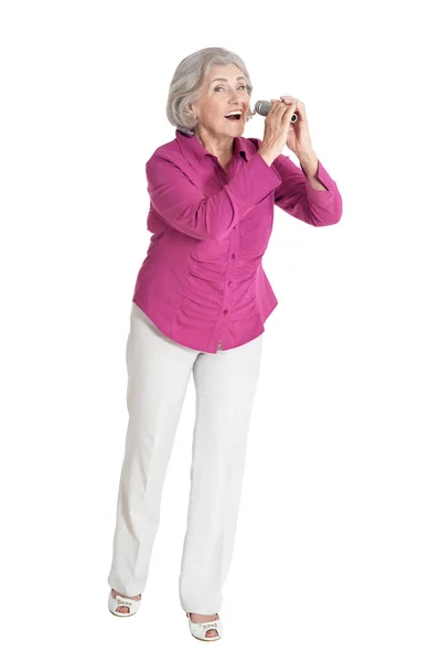 Starší Žena Zpívá Izolované Bílém Pozadí — Stock fotografie