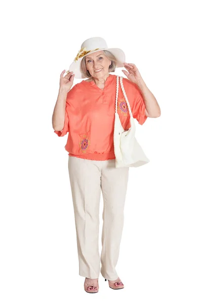 Красивая Пожилая Женщина Шляпе Белом Фоне — стоковое фото