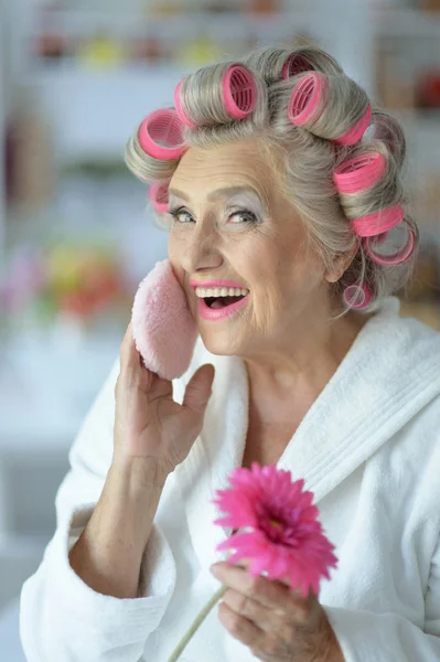 Close Portrait Senior Woman Bathrobe Applying Make — Stock Photo, Image