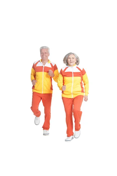 Active Senior Couple Exercising Isolated White — Stock Photo, Image