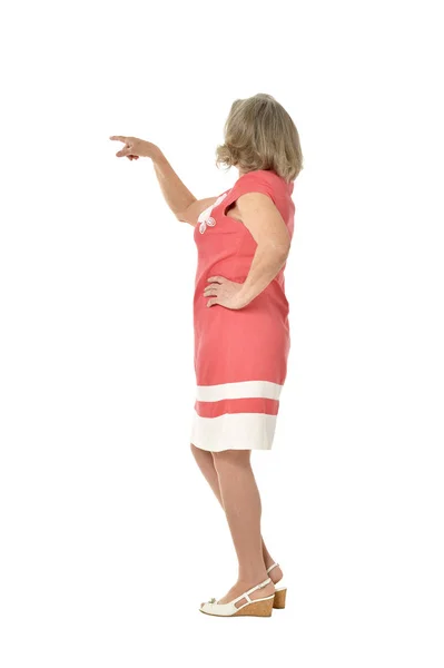 Senior Woman Showing Something Isolated White Background — Stock Photo, Image