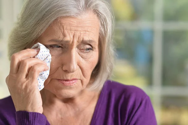 Portrait Senior Woman Purple Blouse Headache Posing Home — Stock Photo, Image