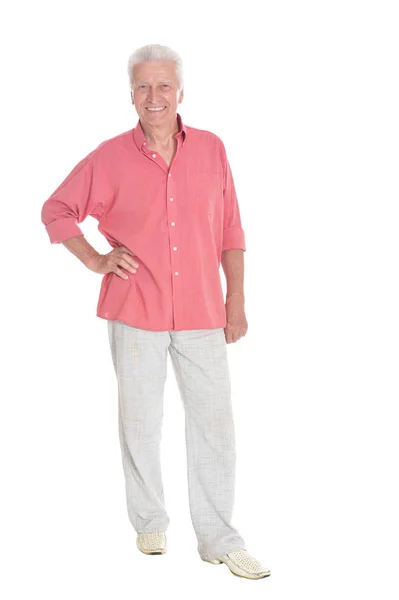 Portret Van Glimlachen Senior Man Geïsoleerd Witte Achtergrond — Stockfoto