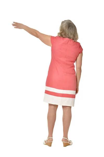 Senior Woman Showing Something Isolated White Background — Stock Photo, Image