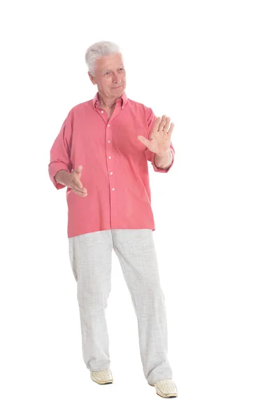 Porträt Eines Älteren Mannes Mit Stop Geste Auf Weißem Hintergrund — Stockfoto