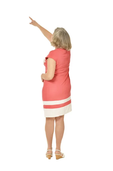 Senior Woman Showing Something Isolated White Background — Stock Photo, Image