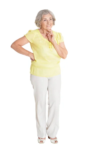 Sonriente Mujer Mayor Posando Aislada Sobre Fondo Blanco —  Fotos de Stock