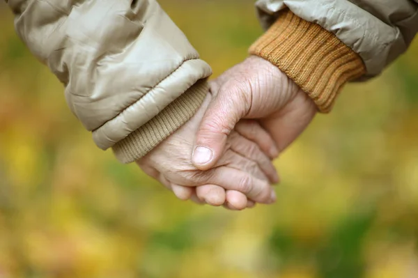Пожилая Пара Держится Руки Осеннем Парке — стоковое фото