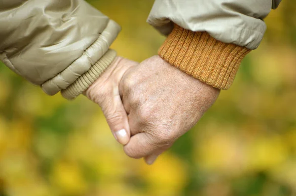 老人夫妇手挽手在秋天公园 — 图库照片
