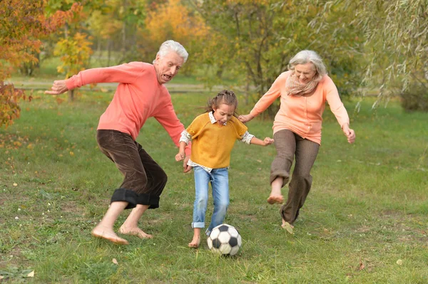 Παππούδες Και Γιαγιάδες Και Εγγονή Παίζοντας Ποδόσφαιρο Στο Πάρκο — Φωτογραφία Αρχείου