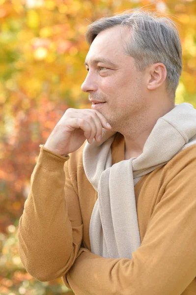 Portrét Pohledný Sebevědomého Muže Pózování Podzimní Listí Pozadí — Stock fotografie