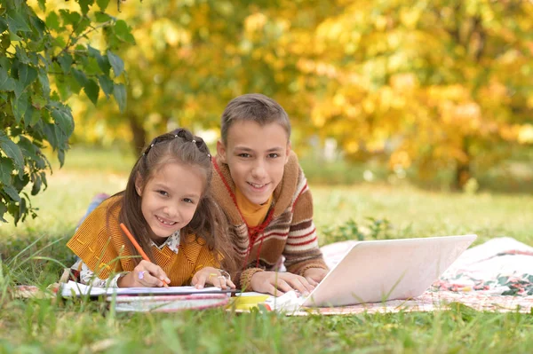 Little Girl Drawing Using Laptop Her Brother Outdoors — Stock Photo, Image
